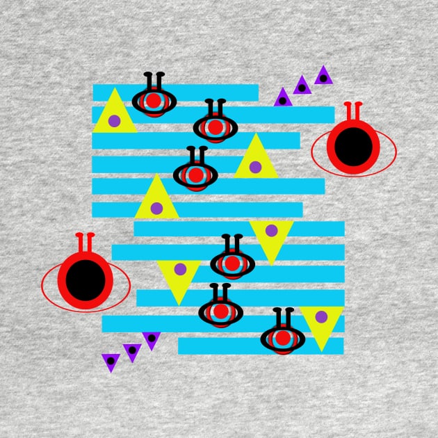 Warning Aliens Up Ahead! A fun abstract design in bright blue, red, yellow and purple. Perfect for fans of sci-fi and retro arcade games. by innerspectrum